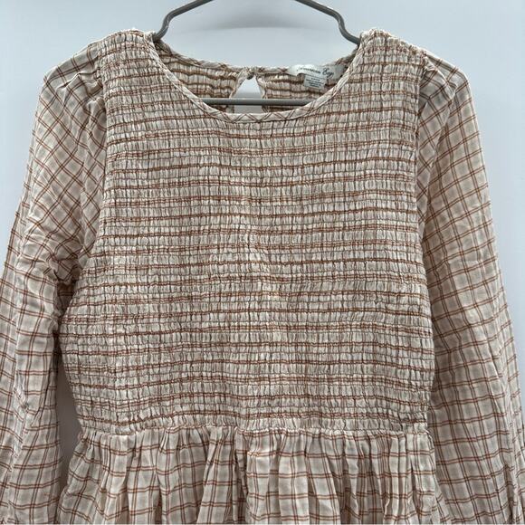 American Eagle Cream & Tan Check Long Sleeve Smocked Tiered Mini Dress Sz S NEW‎ - Picture 2 of 9